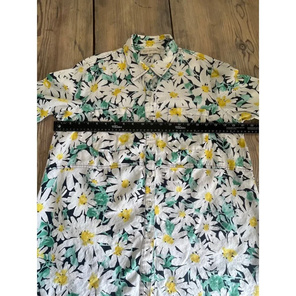 Jones New York 100% Linen Button Up Shirt Womens M Daisy Print 3/4 Sleeve - Picture 8 of 9